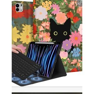 Black Cat Floral Tablet Case with Detachable Bluetooth Keyboard Cow Print Sleeve